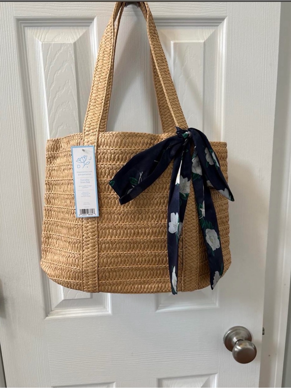 Draper James Woven Straw Tote Bag with Floral Scarf Accent - Natural